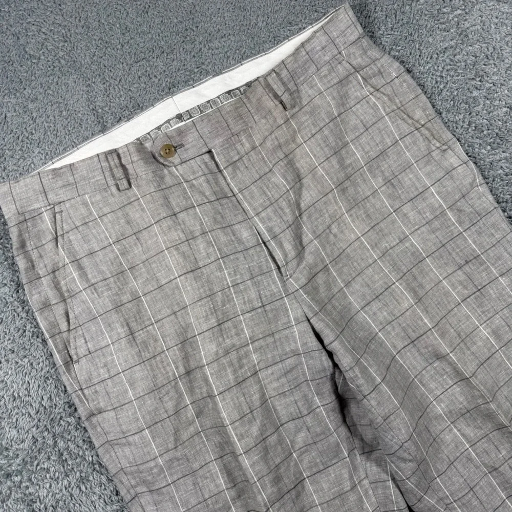 Joseph Abboud 100% Linen Trousers Mens 34x30 Grey Windowpane Plaid Dress Pants